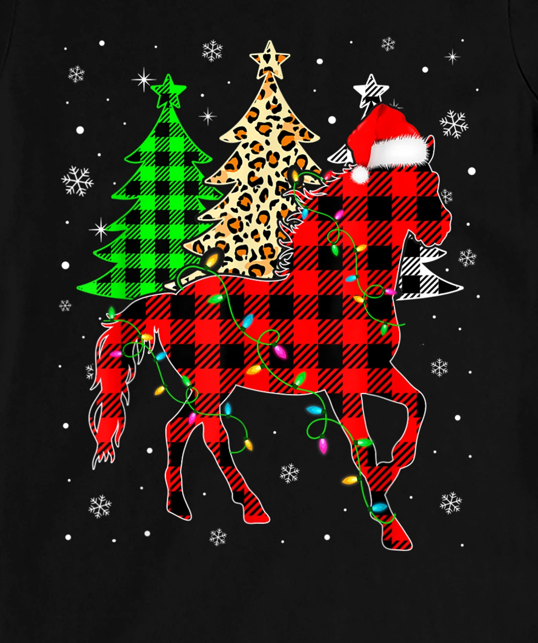 Cute Horse Santa Hat Christmas Tree Lights Xmas Plaid T-Shirt, Kid T-Shirt and Women T-Shirt