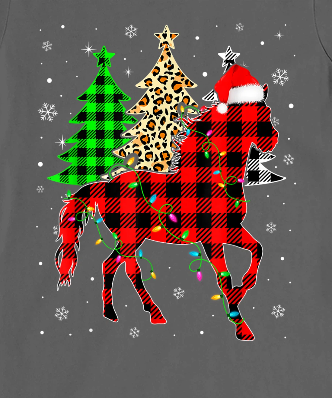 Cute Horse Santa Hat Christmas Tree Lights Xmas Plaid T-Shirt, Kid T-Shirt and Women T-Shirt