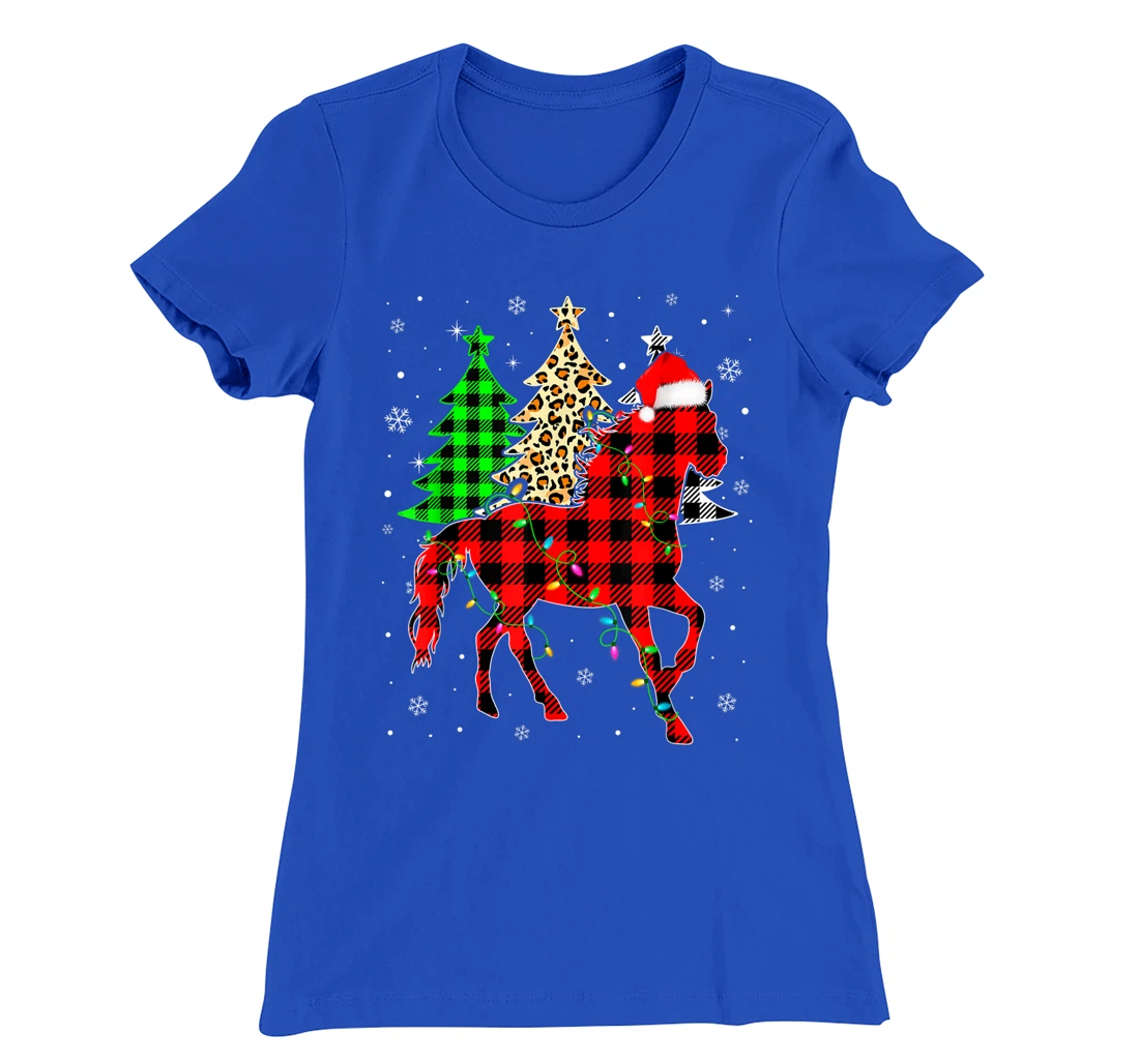 Cute Horse Santa Hat Christmas Tree Lights Xmas Plaid T-Shirt, Kid T-Shirt and Women T-Shirt