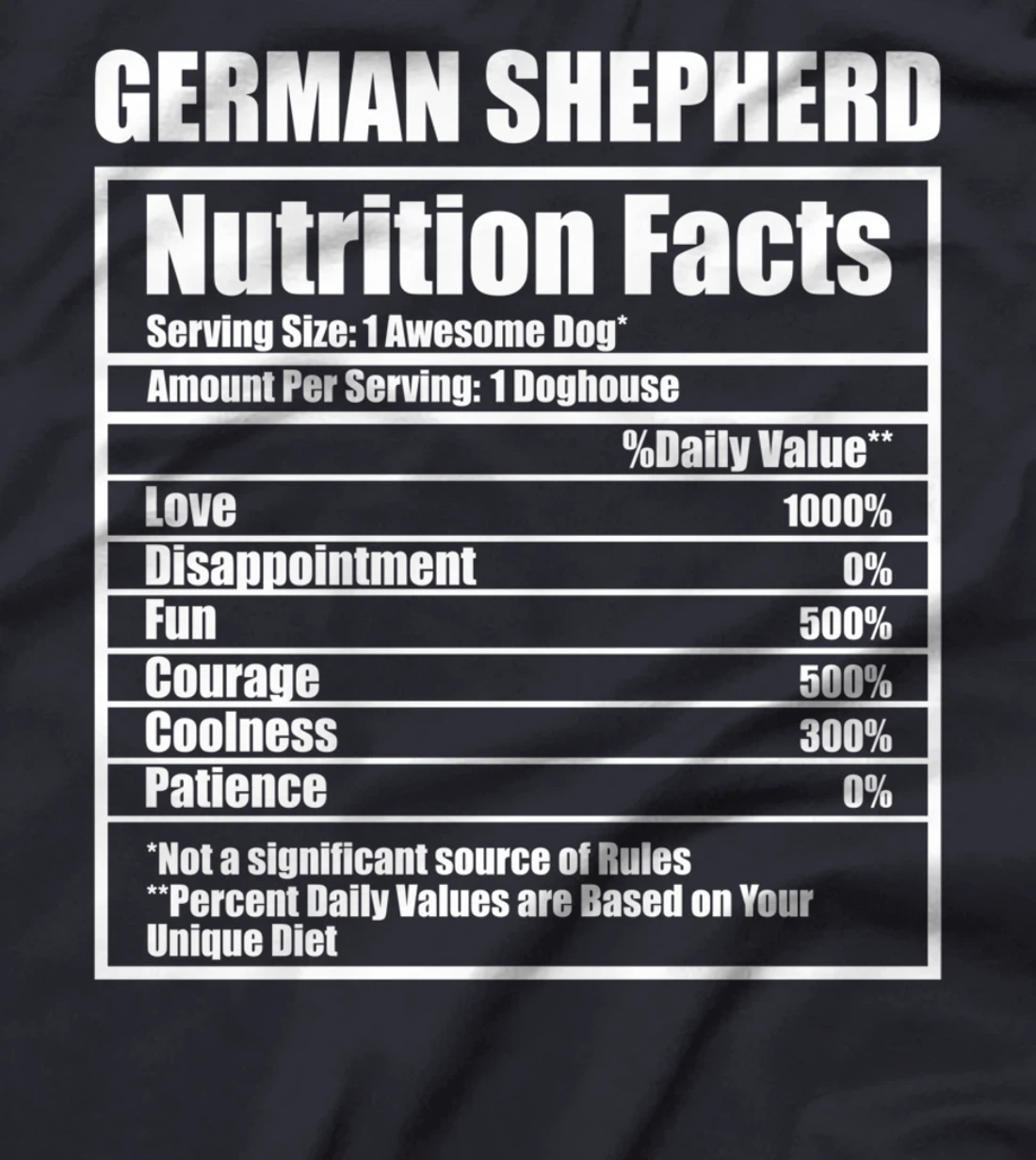 Funny German Shepherd Nutrition Facts Pet Owner Man Woman T-Shirt
