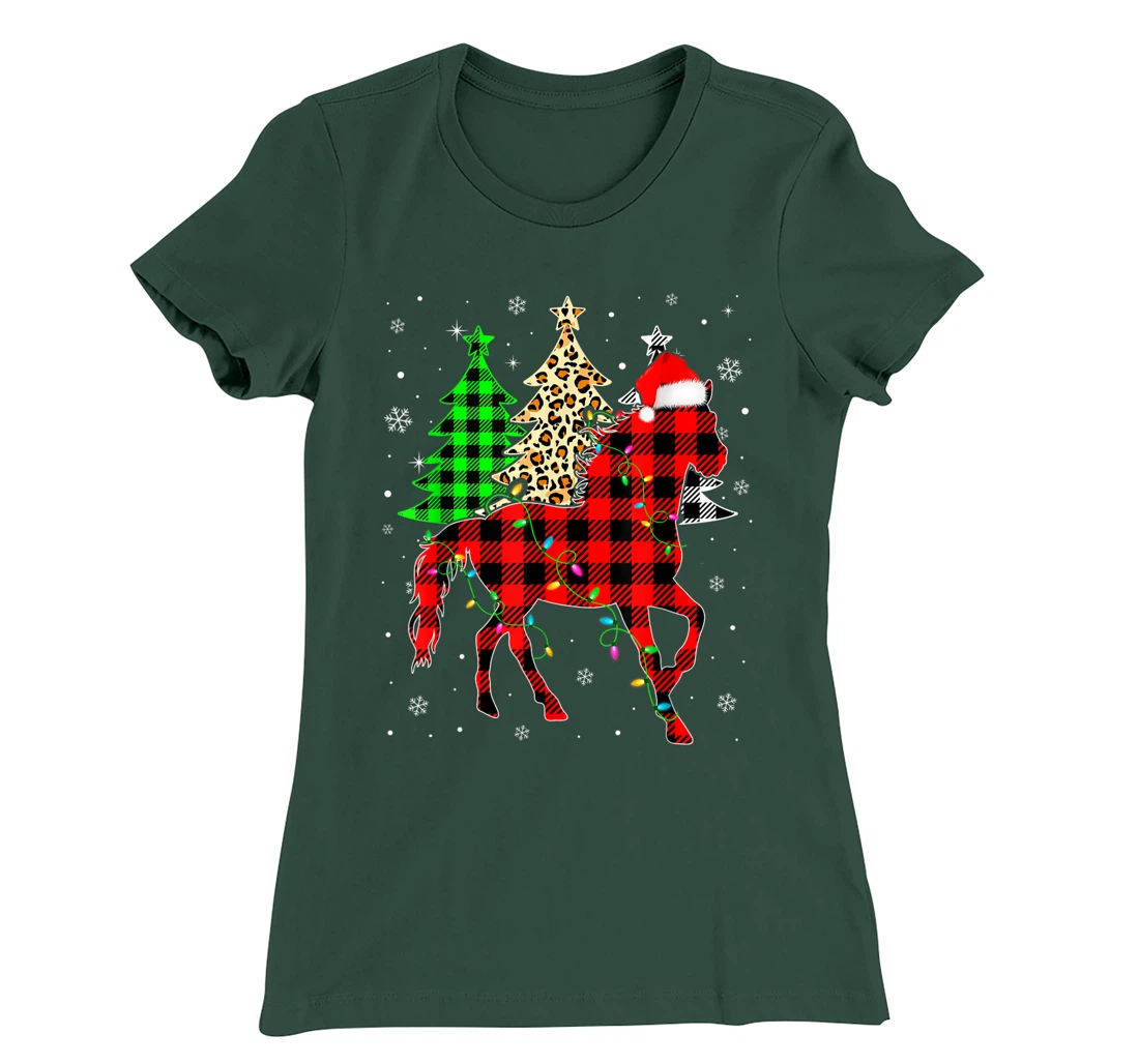Cute Horse Santa Hat Christmas Tree Lights Xmas Plaid T-Shirt, Kid T-Shirt and Women T-Shirt