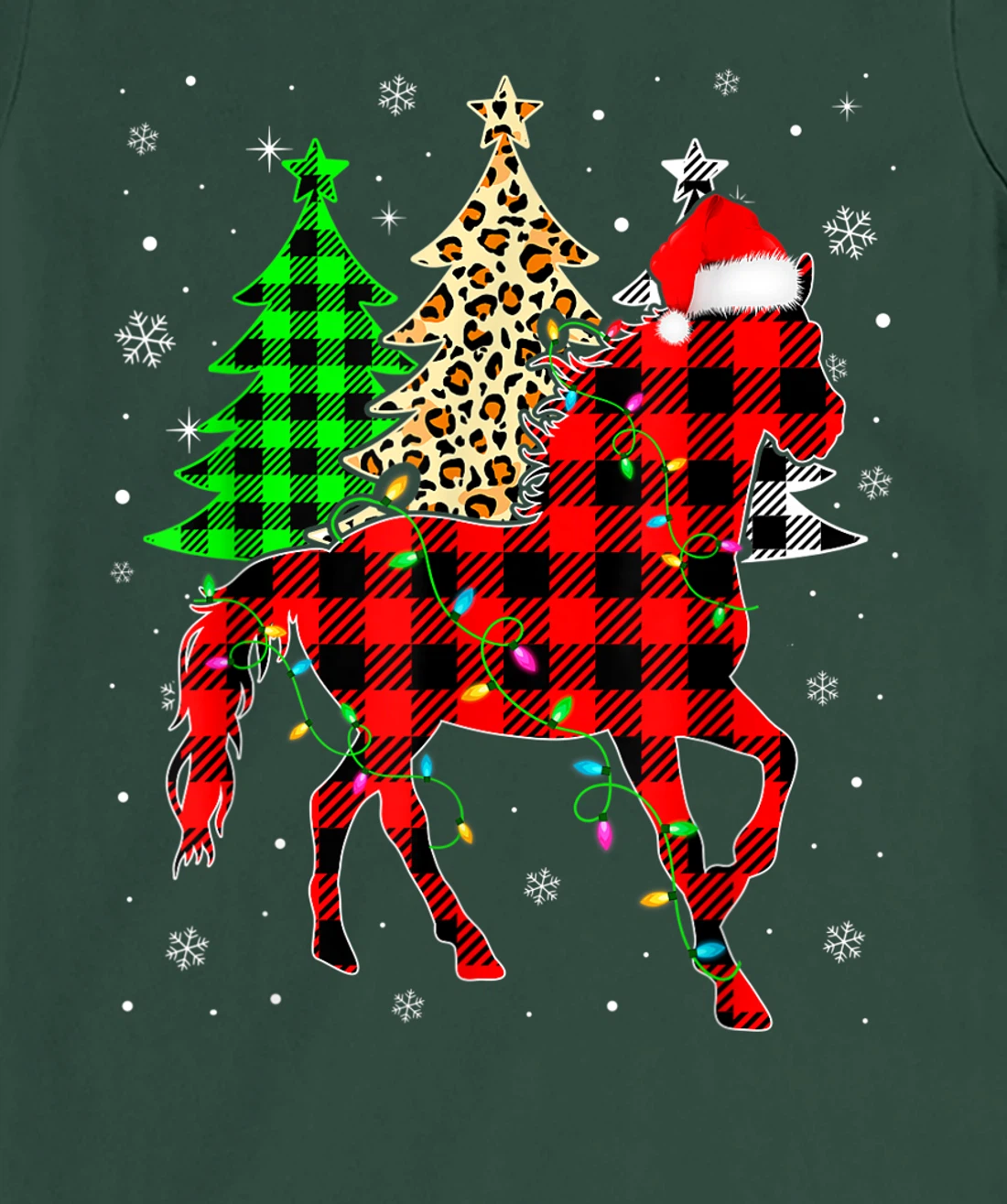 Cute Horse Santa Hat Christmas Tree Lights Xmas Plaid T-Shirt, Kid T-Shirt and Women T-Shirt