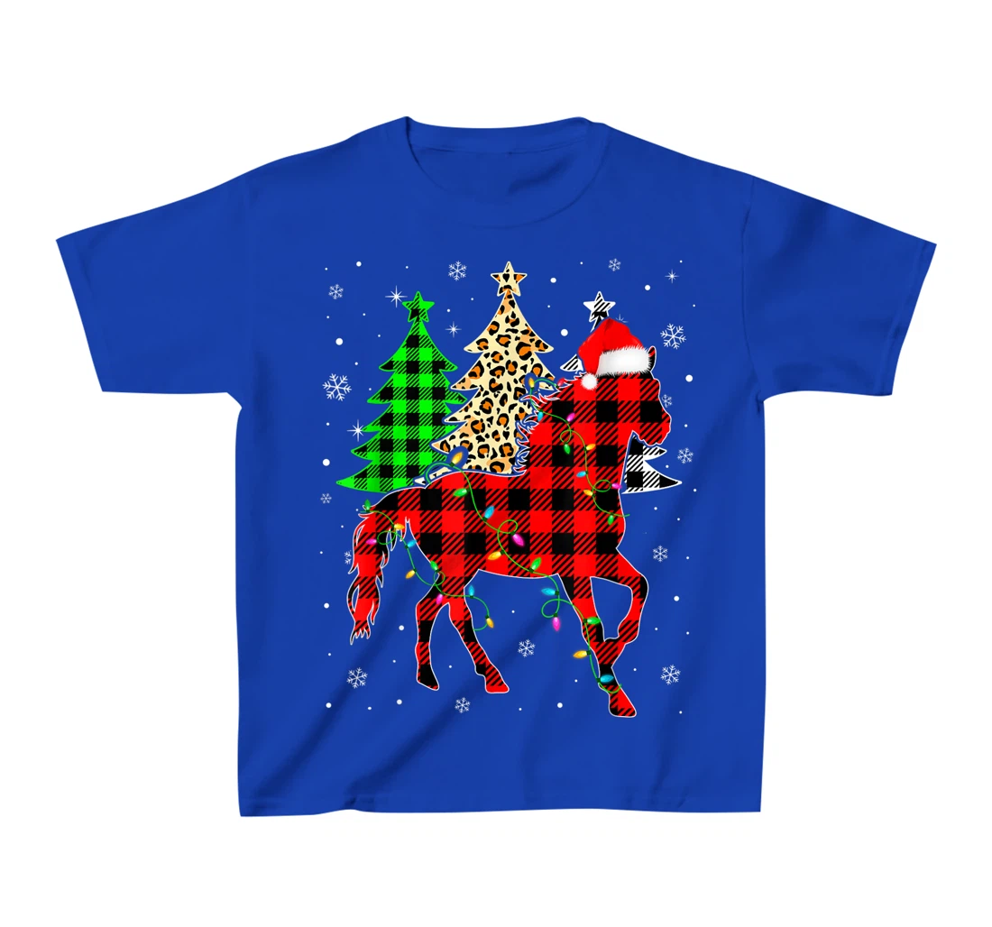Cute Horse Santa Hat Christmas Tree Lights Xmas Plaid T-Shirt, Kid T-Shirt and Women T-Shirt