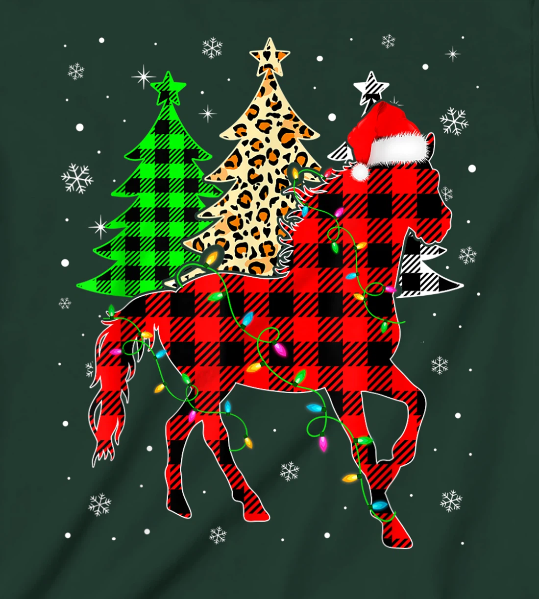 Cute Horse Santa Hat Christmas Tree Lights Xmas Plaid T-Shirt, Kid T-Shirt and Women T-Shirt
