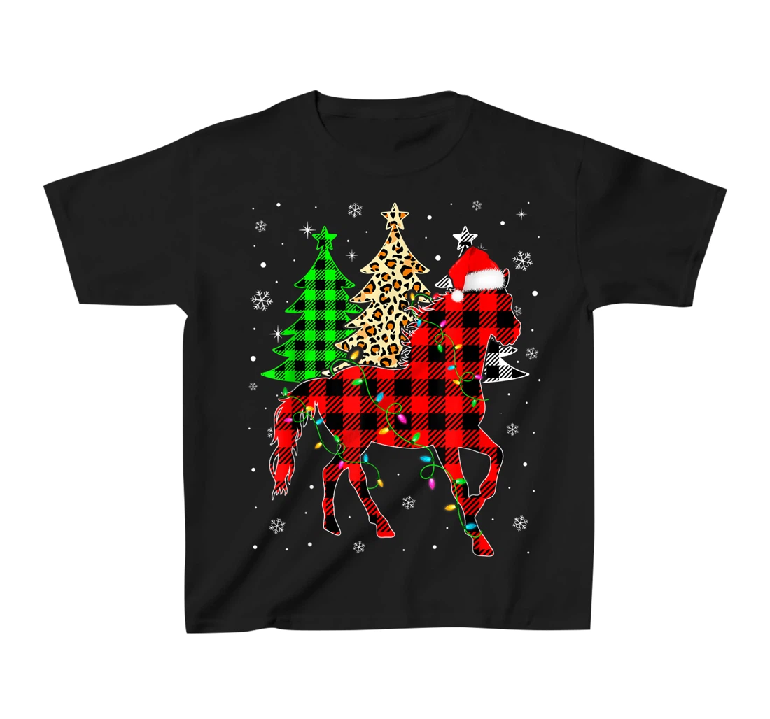 Cute Horse Santa Hat Christmas Tree Lights Xmas Plaid T-Shirt, Kid T-Shirt and Women T-Shirt