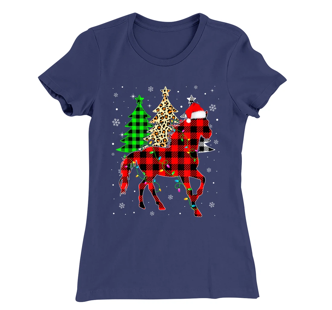 Cute Horse Santa Hat Christmas Tree Lights Xmas Plaid T-Shirt, Kid T-Shirt and Women T-Shirt