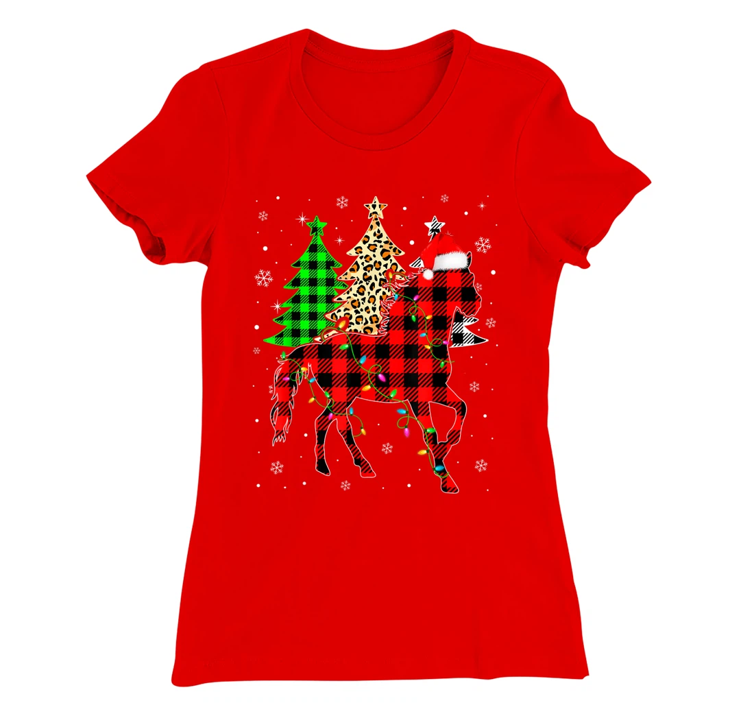 Cute Horse Santa Hat Christmas Tree Lights Xmas Plaid T-Shirt, Kid T-Shirt and Women T-Shirt