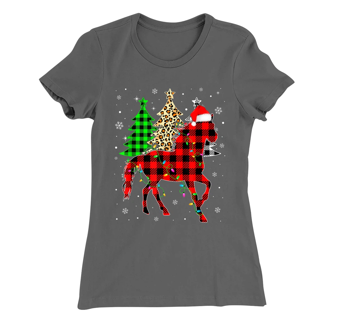 Cute Horse Santa Hat Christmas Tree Lights Xmas Plaid T-Shirt, Kid T-Shirt and Women T-Shirt