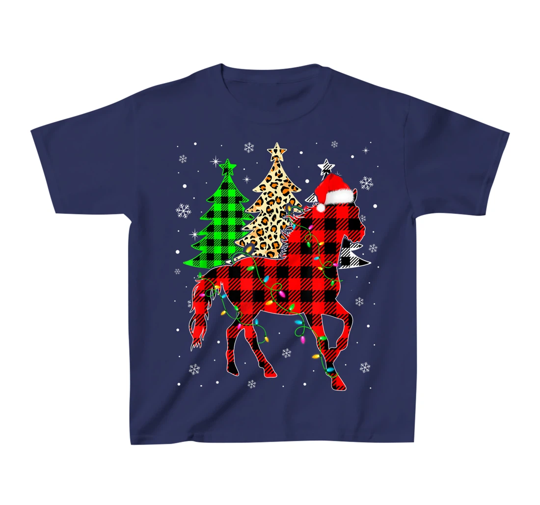 Cute Horse Santa Hat Christmas Tree Lights Xmas Plaid T-Shirt, Kid T-Shirt and Women T-Shirt