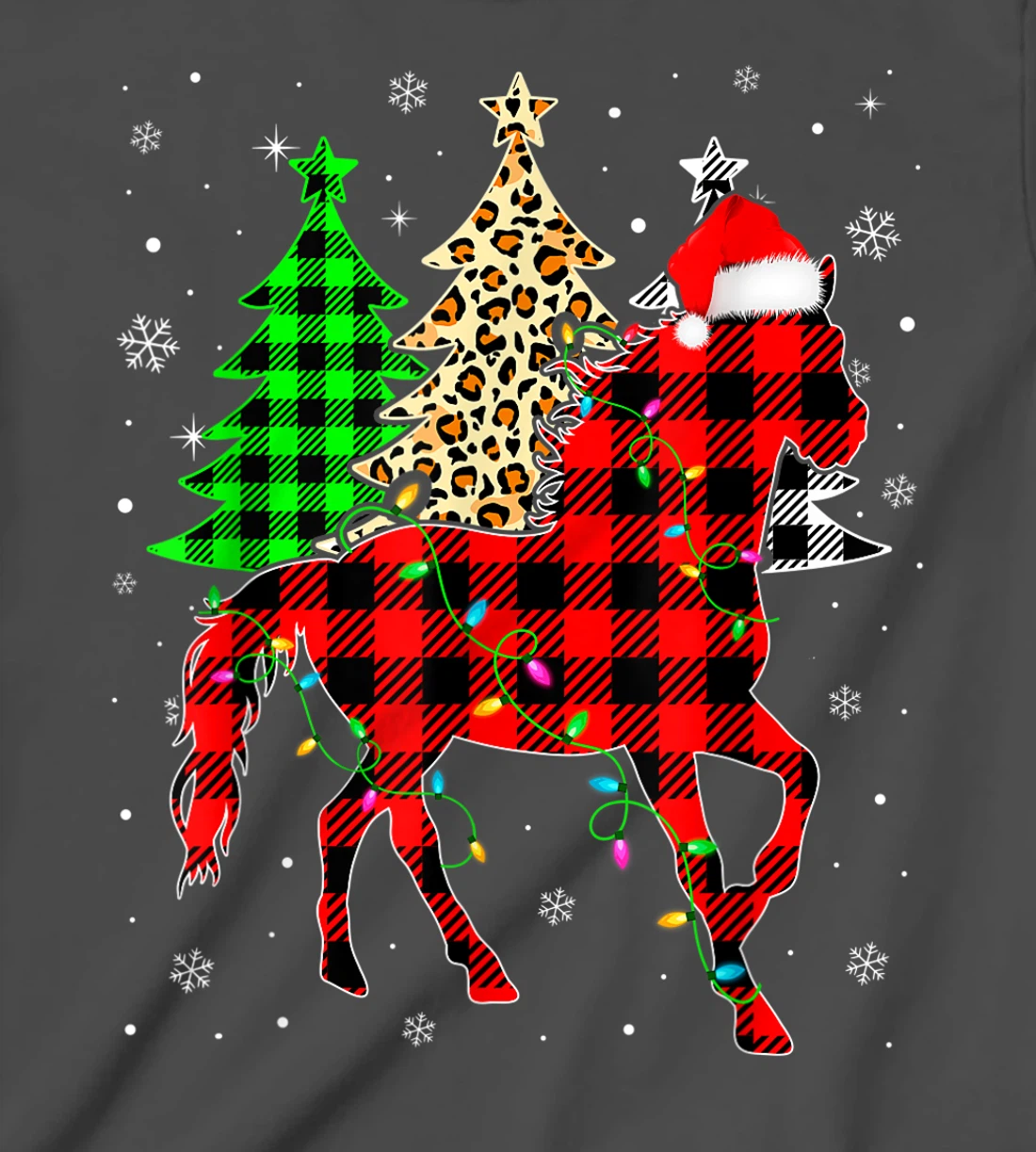 Cute Horse Santa Hat Christmas Tree Lights Xmas Plaid T-Shirt, Kid T-Shirt and Women T-Shirt