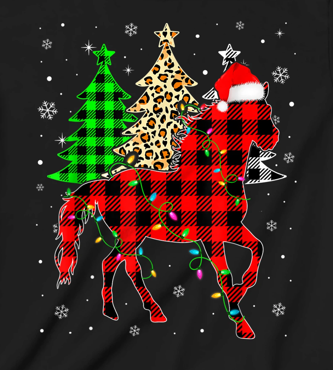 Cute Horse Santa Hat Christmas Tree Lights Xmas Plaid T-Shirt, Kid T-Shirt and Women T-Shirt