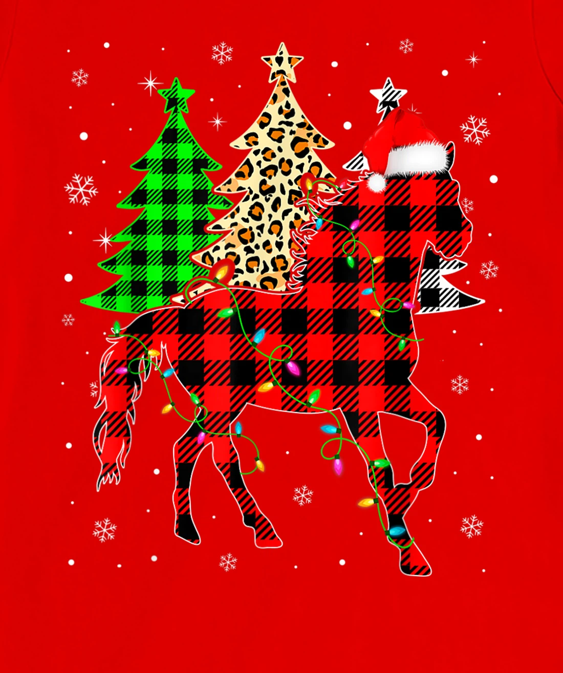 Cute Horse Santa Hat Christmas Tree Lights Xmas Plaid T-Shirt, Kid T-Shirt and Women T-Shirt