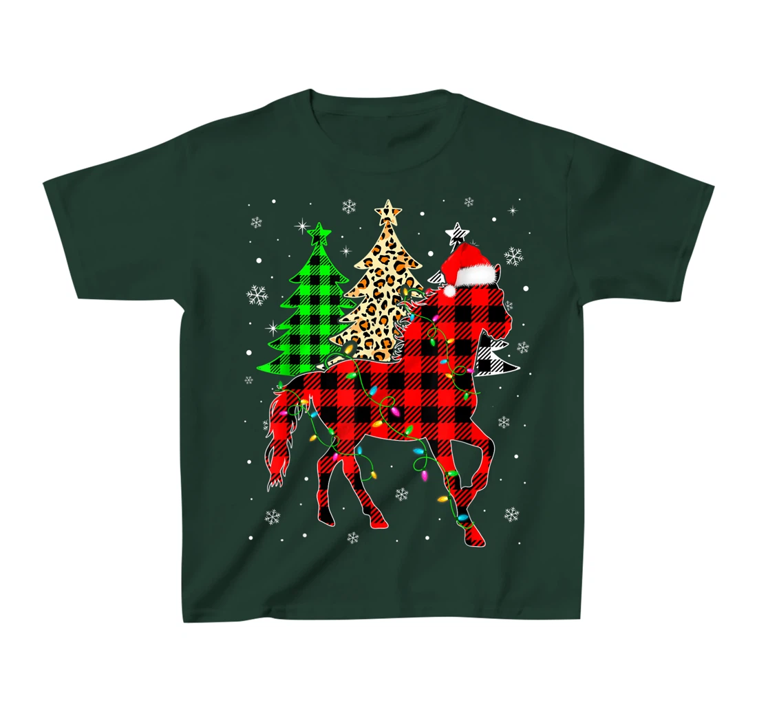 Cute Horse Santa Hat Christmas Tree Lights Xmas Plaid T-Shirt, Kid T-Shirt and Women T-Shirt