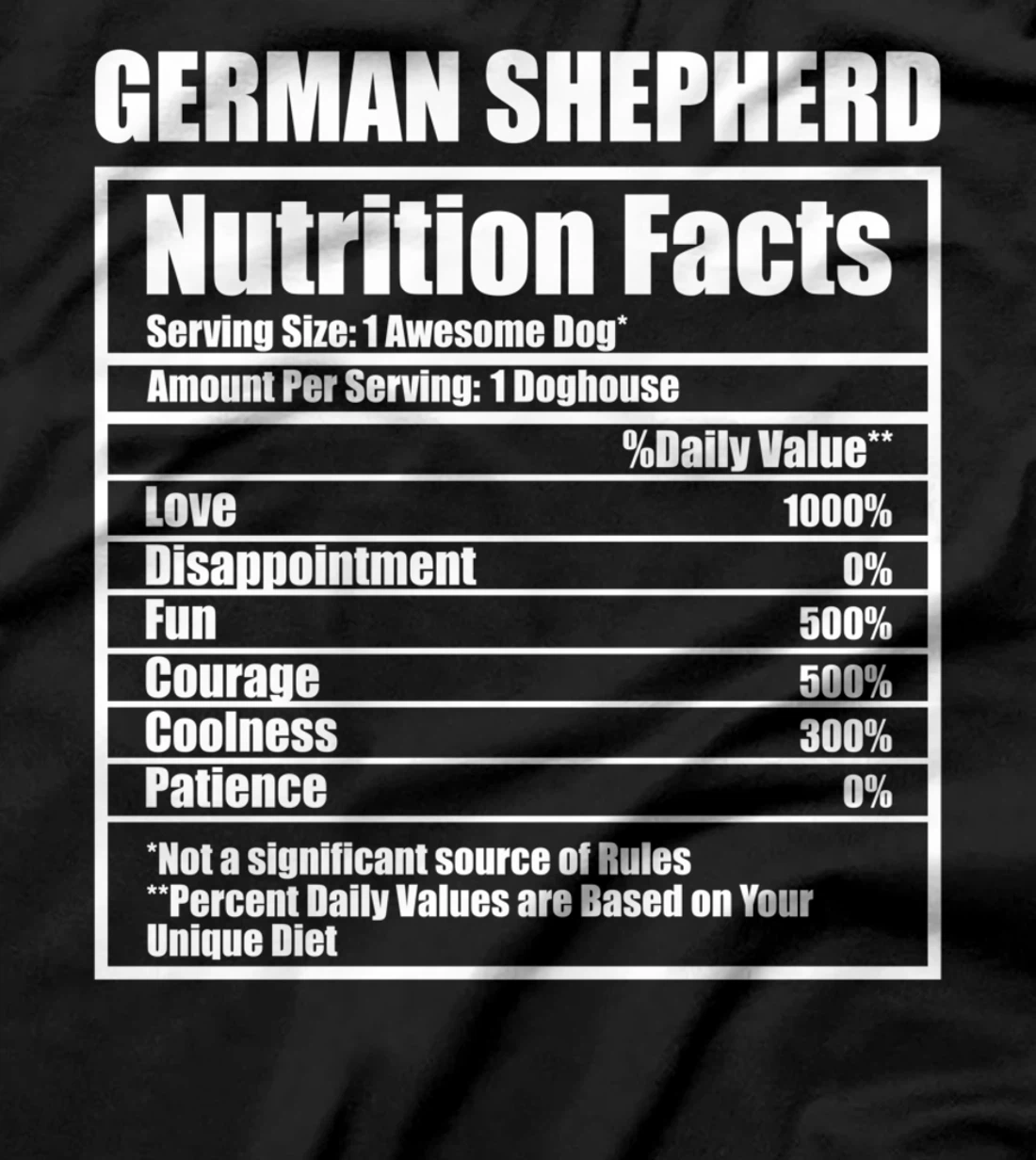 Funny German Shepherd Nutrition Facts Pet Owner Man Woman T-Shirt