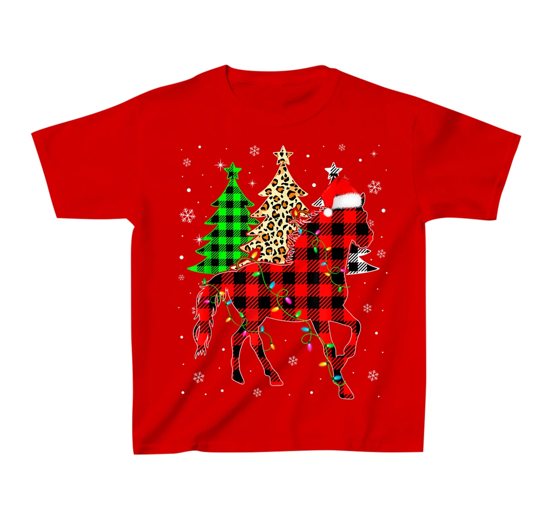 Cute Horse Santa Hat Christmas Tree Lights Xmas Plaid T-Shirt, Kid T-Shirt and Women T-Shirt