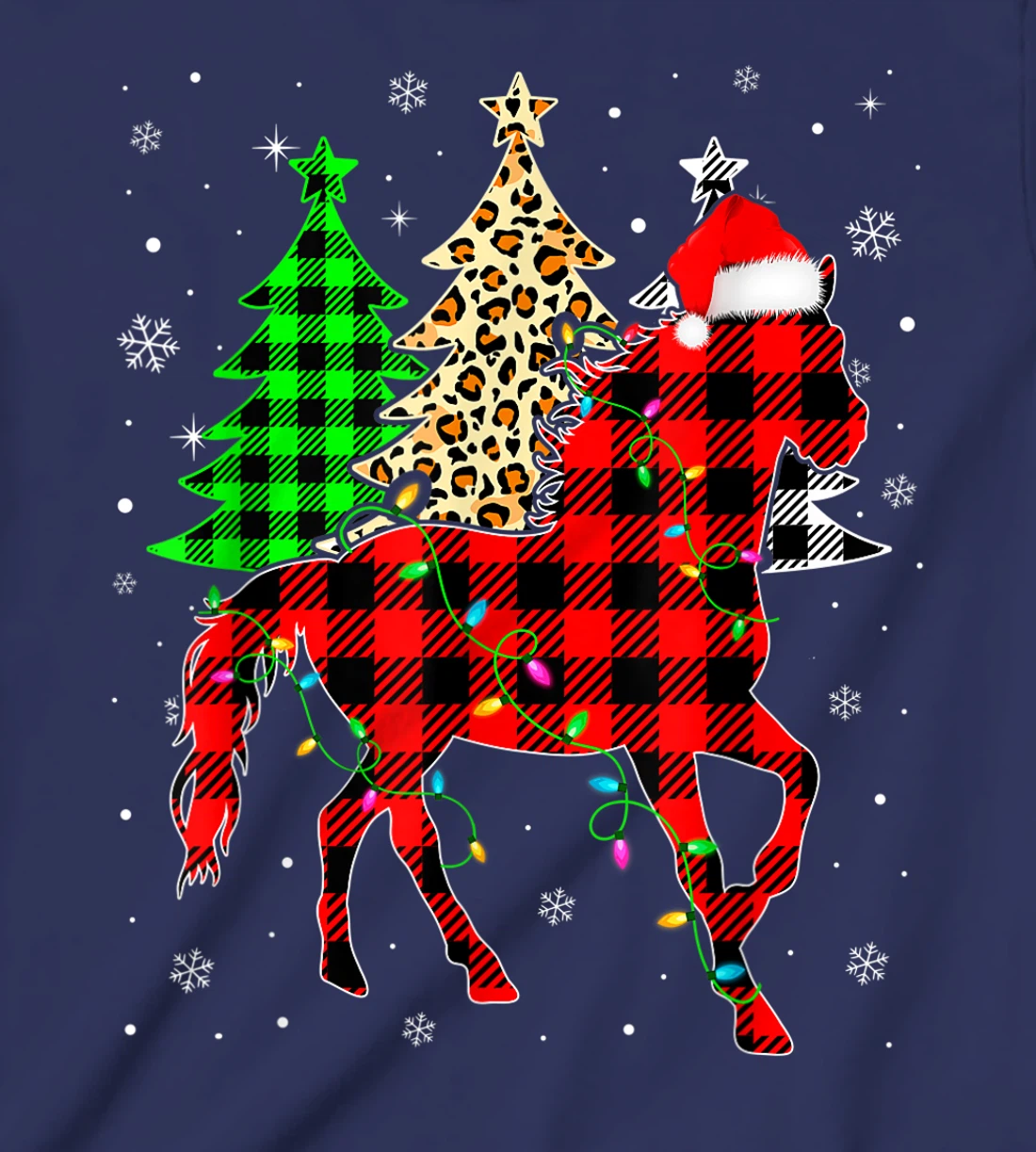 Cute Horse Santa Hat Christmas Tree Lights Xmas Plaid T-Shirt, Kid T-Shirt and Women T-Shirt