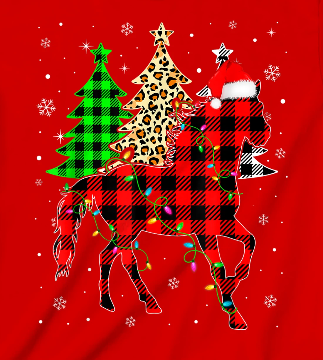 Cute Horse Santa Hat Christmas Tree Lights Xmas Plaid T-Shirt, Kid T-Shirt and Women T-Shirt