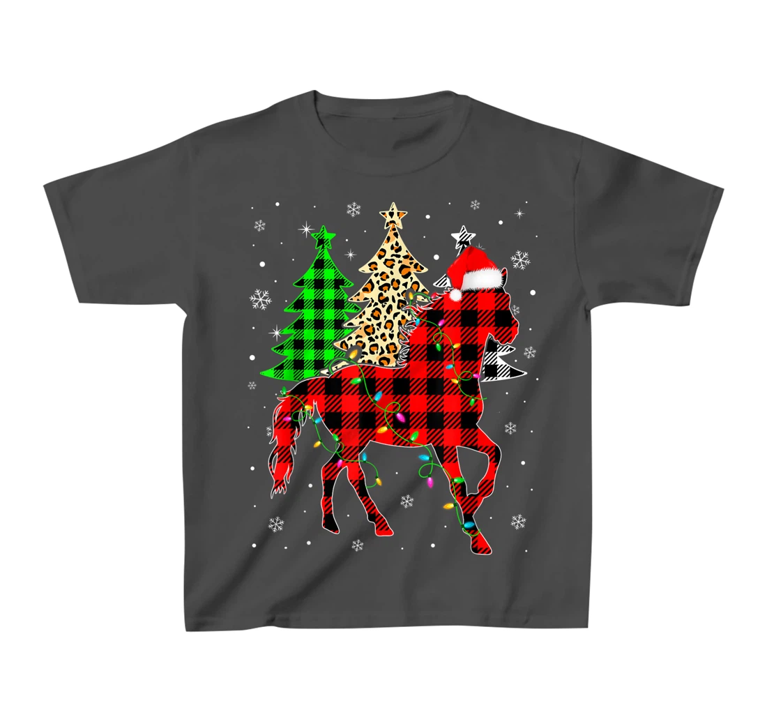 Cute Horse Santa Hat Christmas Tree Lights Xmas Plaid T-Shirt, Kid T-Shirt and Women T-Shirt