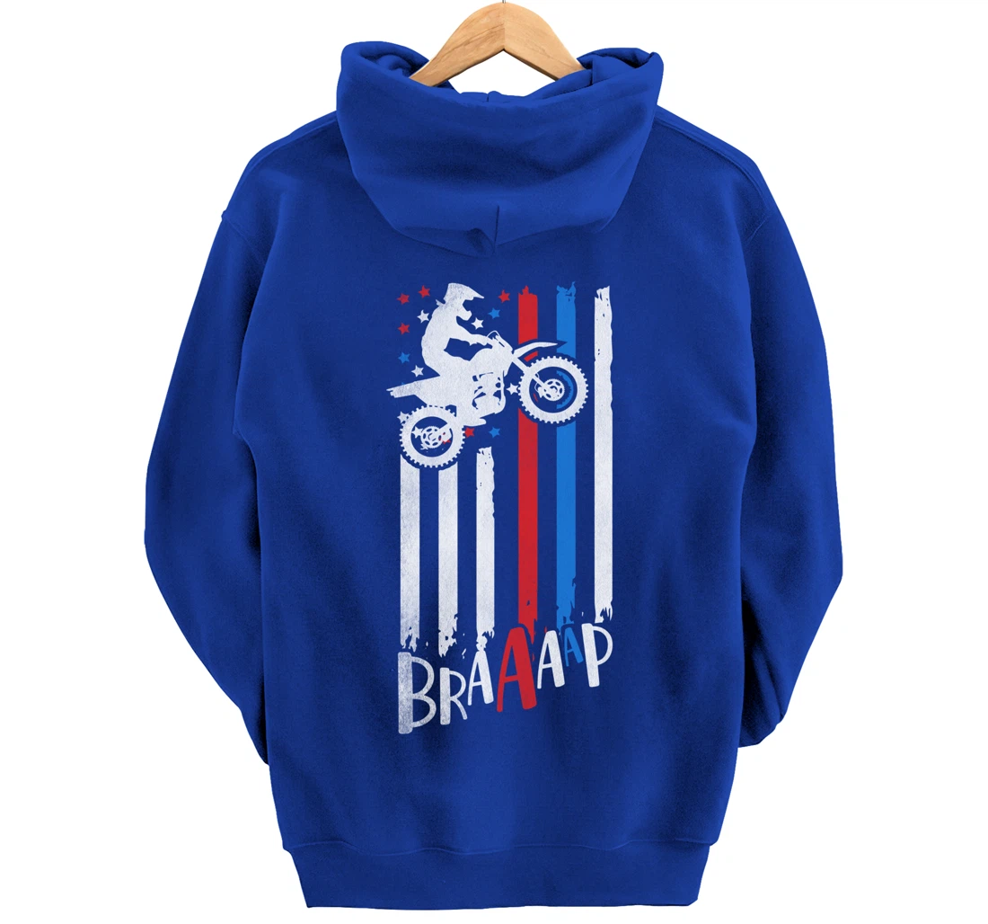 Braaap Vintage USA American Flag Dirt Bike Moto Cross Pullover Hoodie