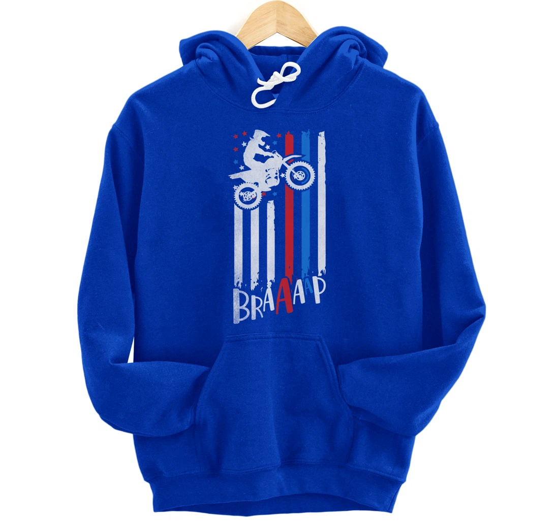 Braaap Vintage USA American Flag Dirt Bike Moto Cross Pullover Hoodie