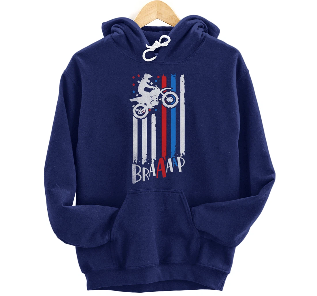 Braaap Vintage USA American Flag Dirt Bike Moto Cross Pullover Hoodie