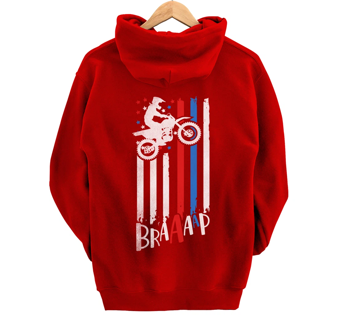 Braaap Vintage USA American Flag Dirt Bike Moto Cross Pullover Hoodie