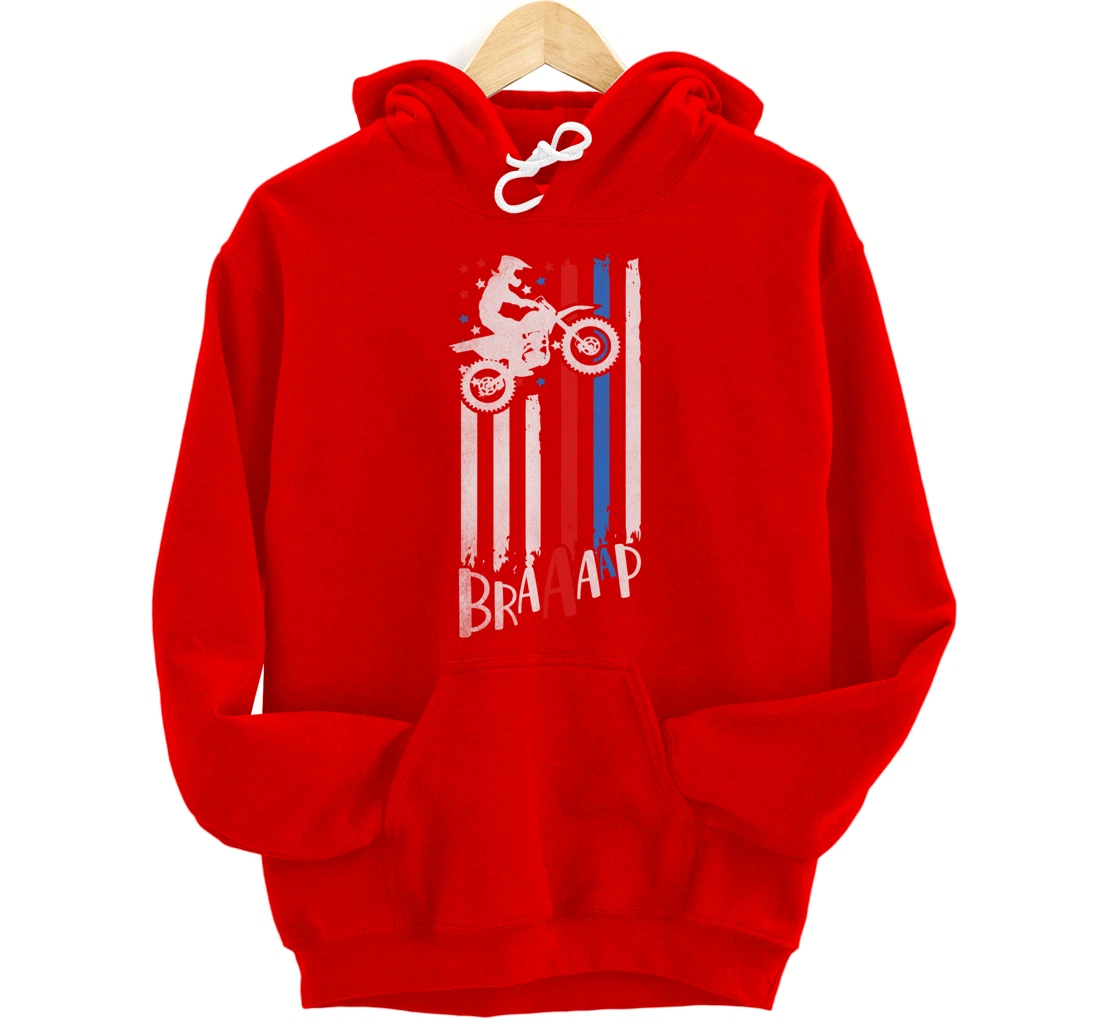 Braaap Vintage USA American Flag Dirt Bike Moto Cross Pullover Hoodie