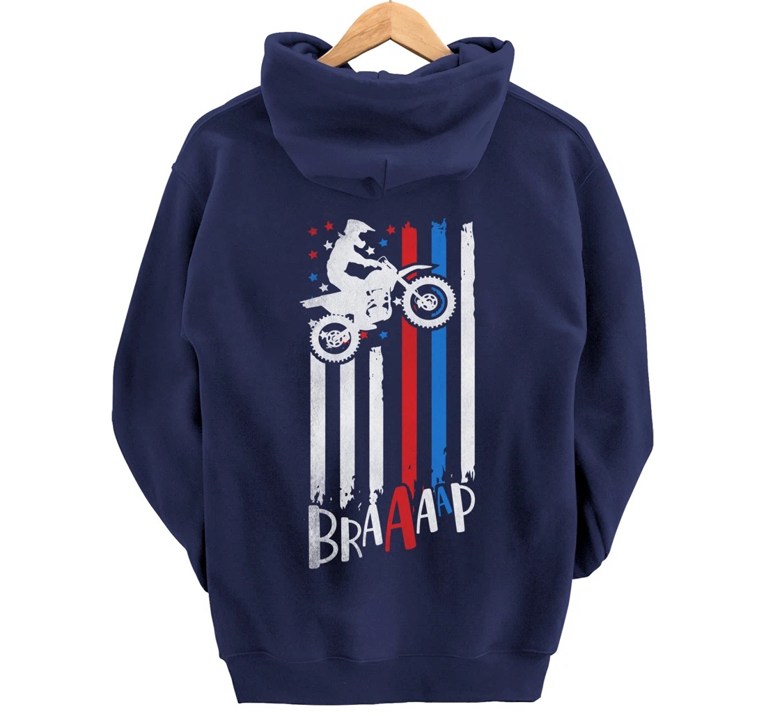 Braaap Vintage USA American Flag Dirt Bike Moto Cross Pullover Hoodie