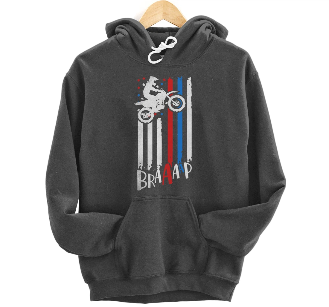 Braaap Vintage USA American Flag Dirt Bike Moto Cross Pullover Hoodie