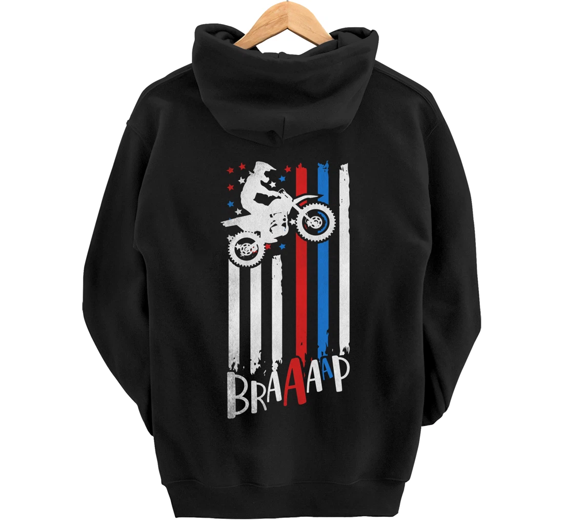 Braaap Vintage USA American Flag Dirt Bike Moto Cross Pullover Hoodie