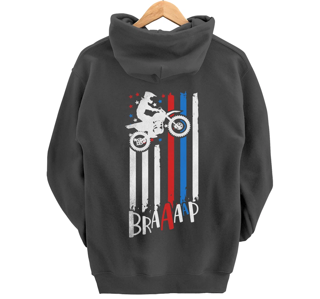 Braaap Vintage USA American Flag Dirt Bike Moto Cross Pullover Hoodie