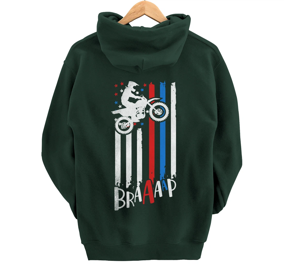 Braaap Vintage USA American Flag Dirt Bike Moto Cross Pullover Hoodie