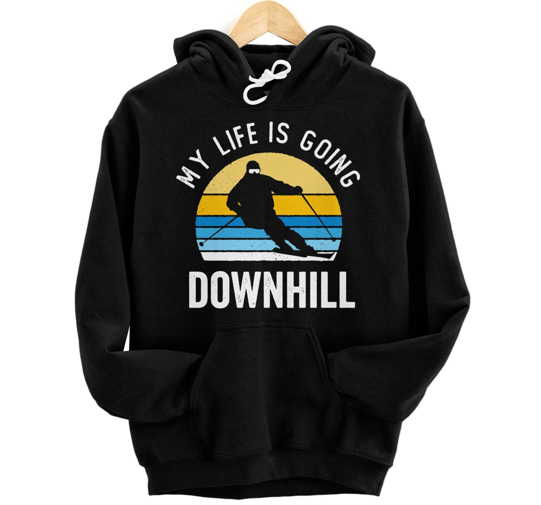 My Life Is Going Downhill Vintage Sunset Skiing Funny Skier Pullover Hoodie