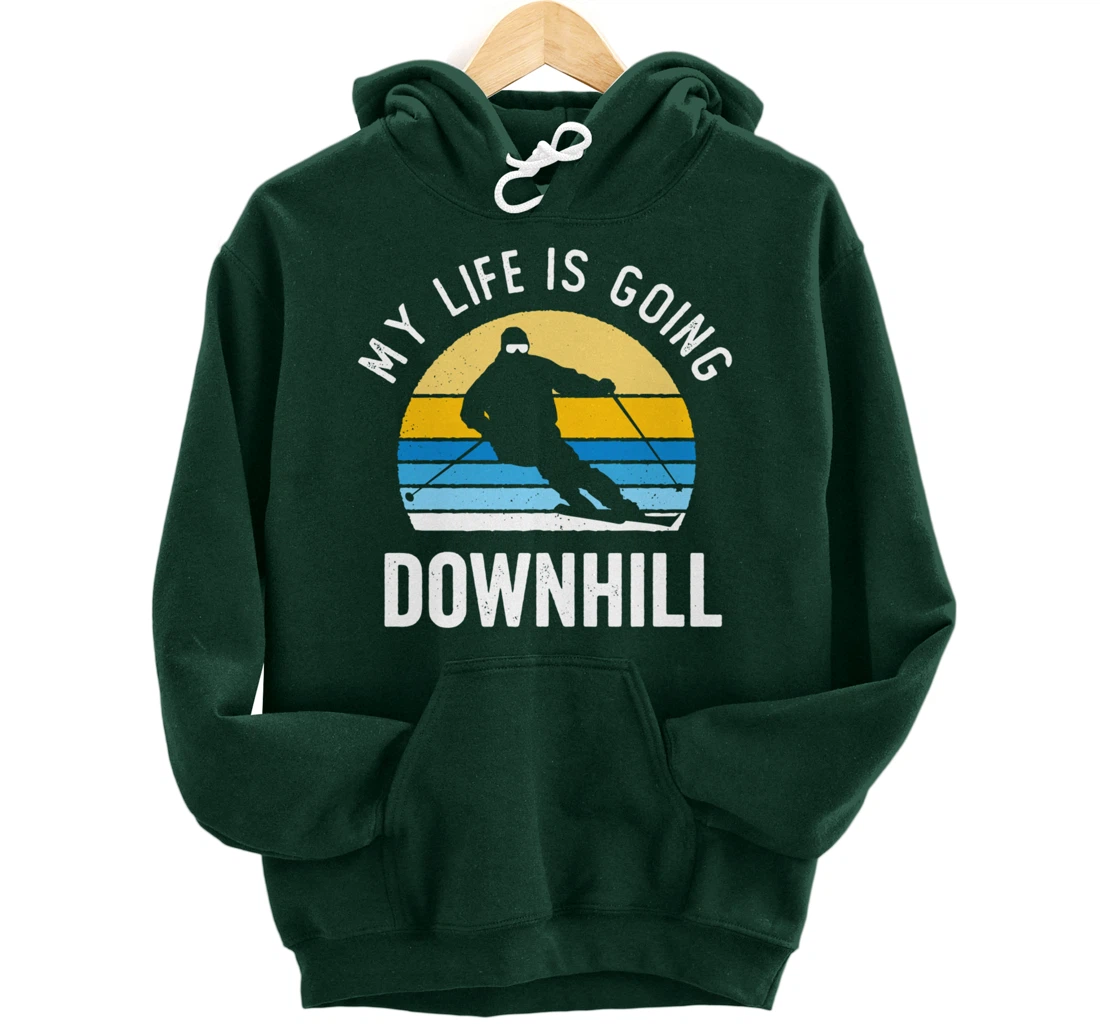 My Life Is Going Downhill Vintage Sunset Skiing Funny Skier Pullover Hoodie