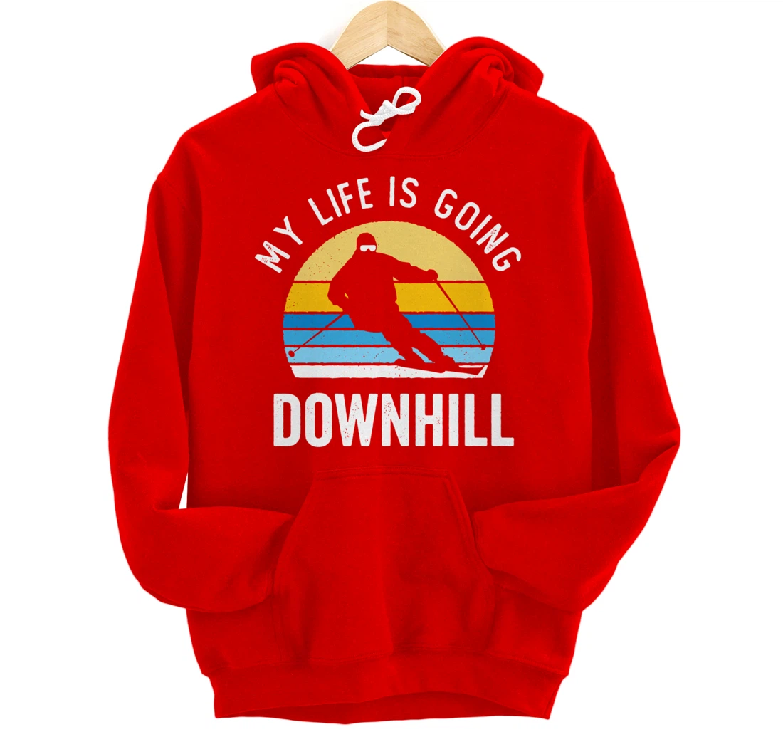 My Life Is Going Downhill Vintage Sunset Skiing Funny Skier Pullover Hoodie