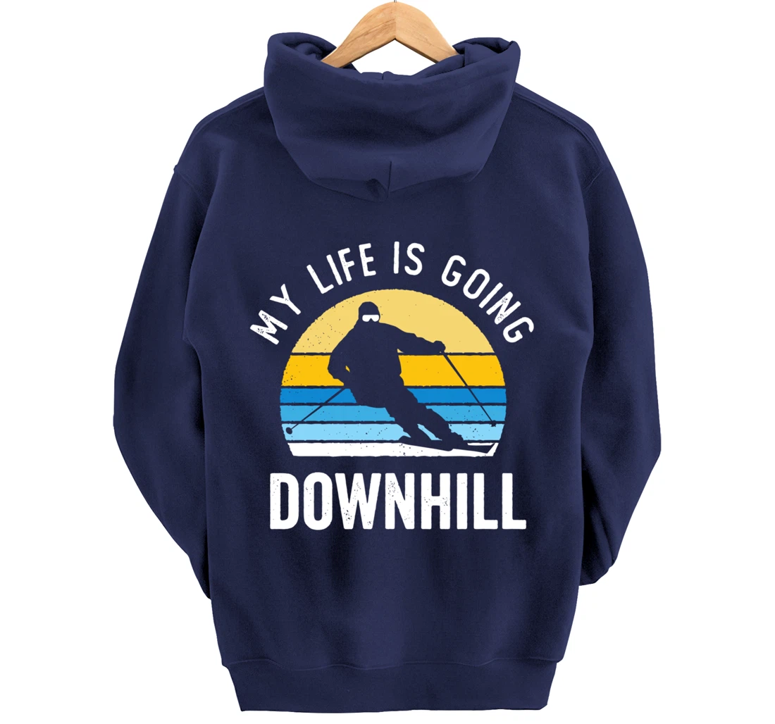 My Life Is Going Downhill Vintage Sunset Skiing Funny Skier Pullover Hoodie