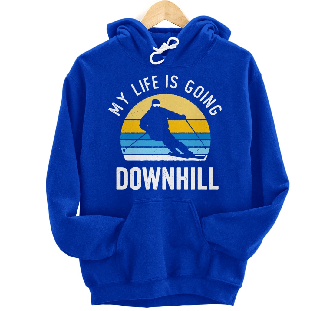 My Life Is Going Downhill Vintage Sunset Skiing Funny Skier Pullover Hoodie