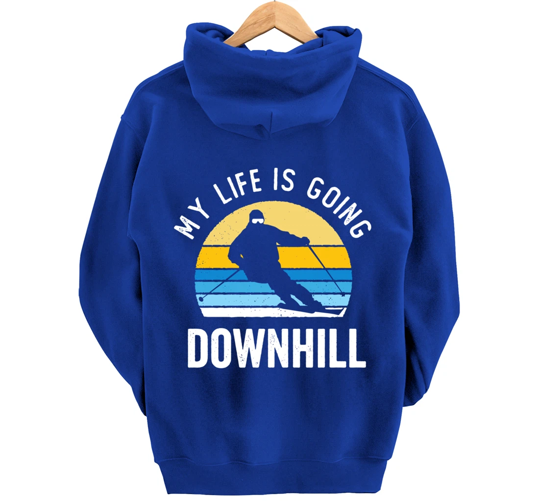 My Life Is Going Downhill Vintage Sunset Skiing Funny Skier Pullover Hoodie