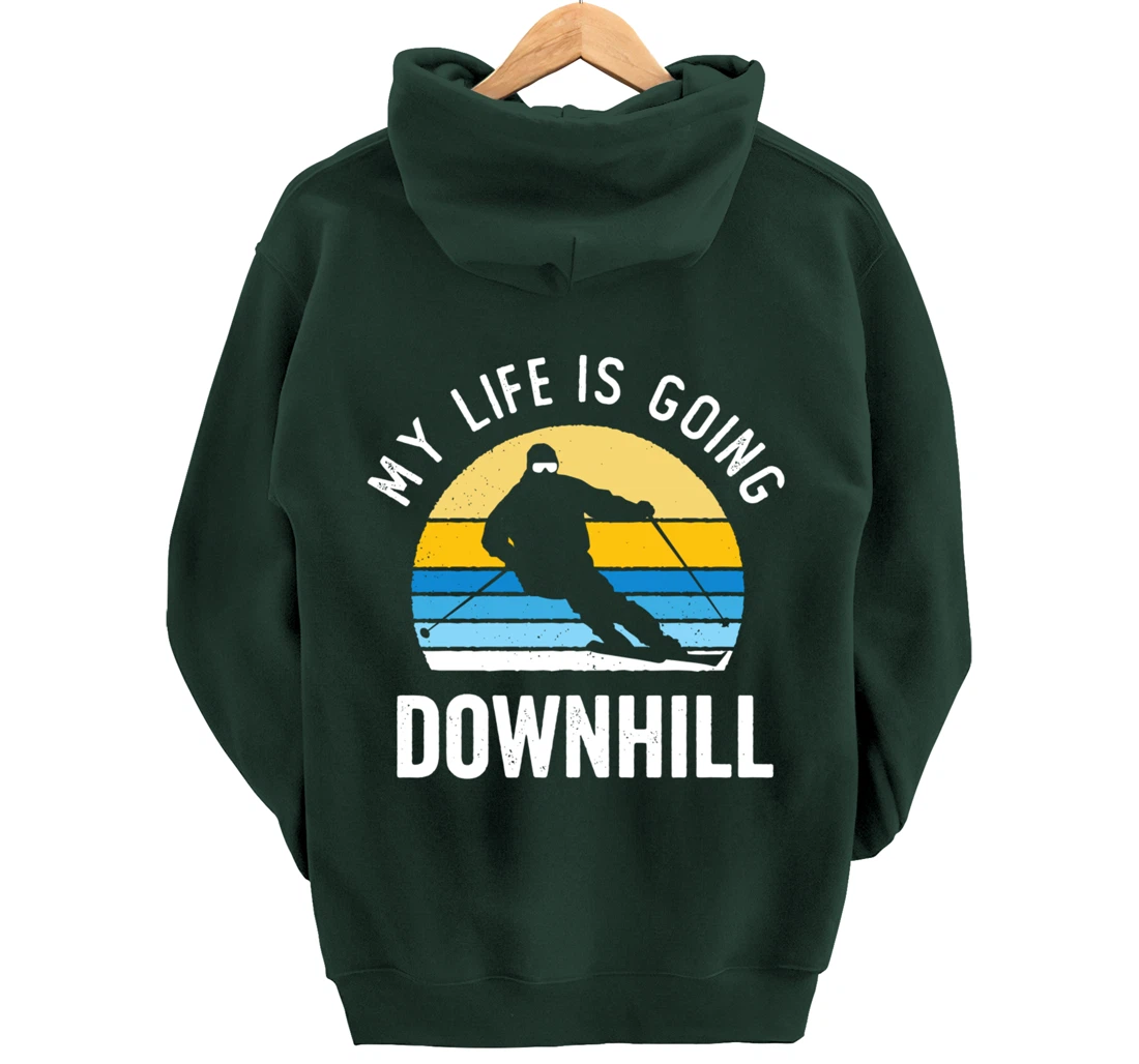 My Life Is Going Downhill Vintage Sunset Skiing Funny Skier Pullover Hoodie