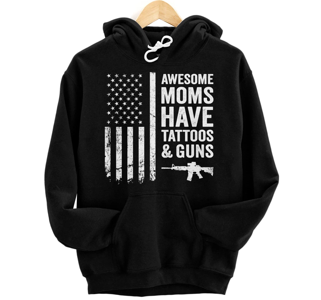 Awesome Moms Have Tattoos & Guns - Womens Tattoo USA Flag Pullover Hoodie