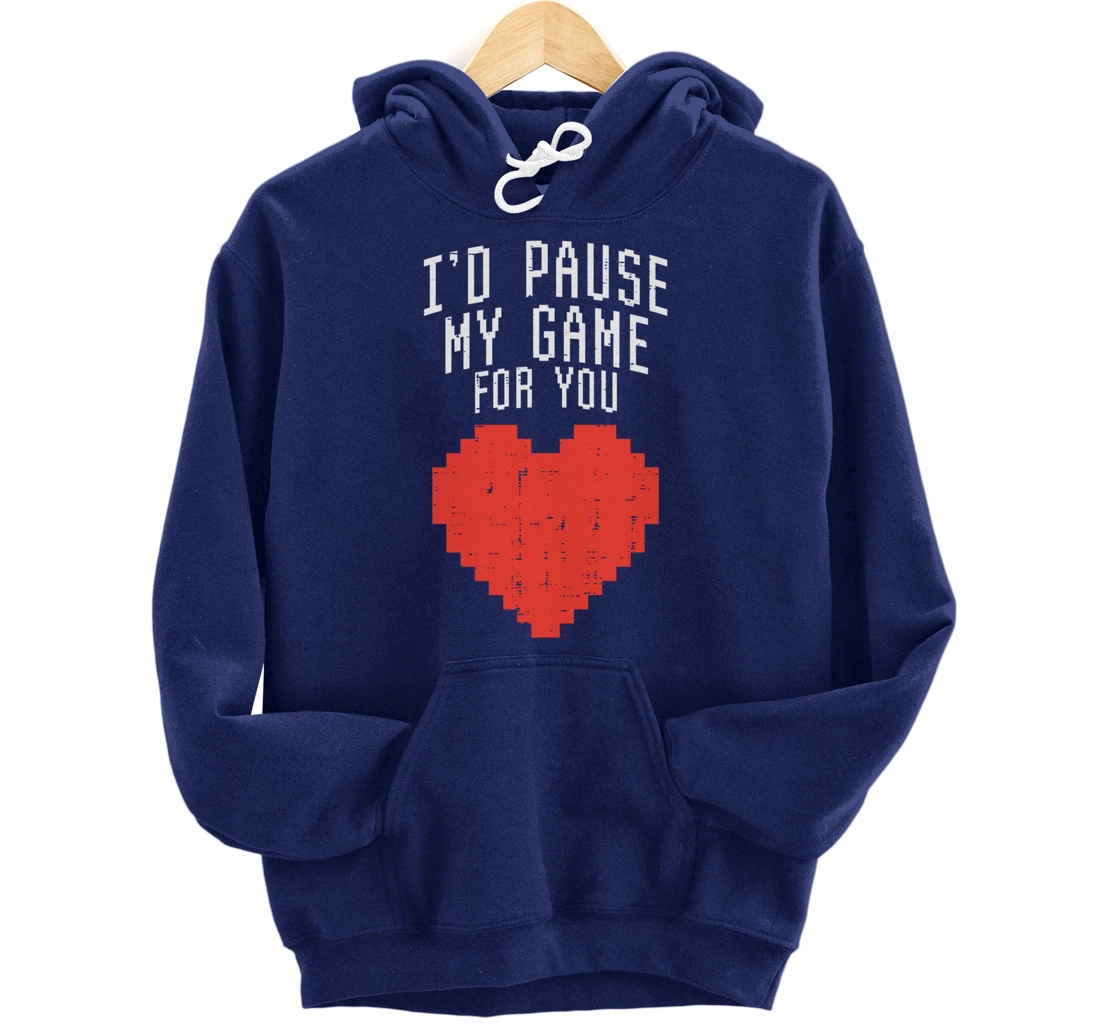 Id Pause My Game For You Pixel Heart Mens Valentines Day Boy Pullover Hoodie