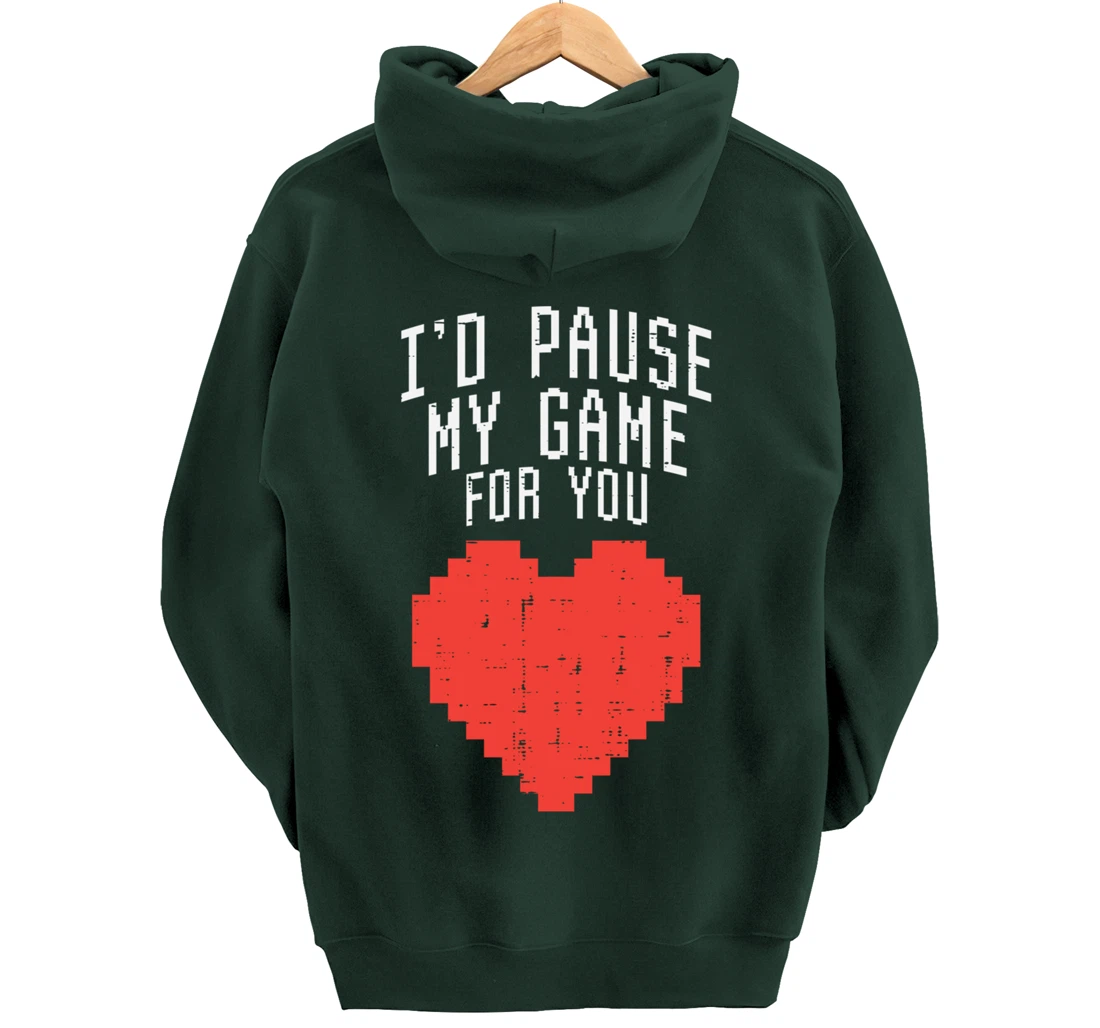 Id Pause My Game For You Pixel Heart Mens Valentines Day Boy Pullover Hoodie