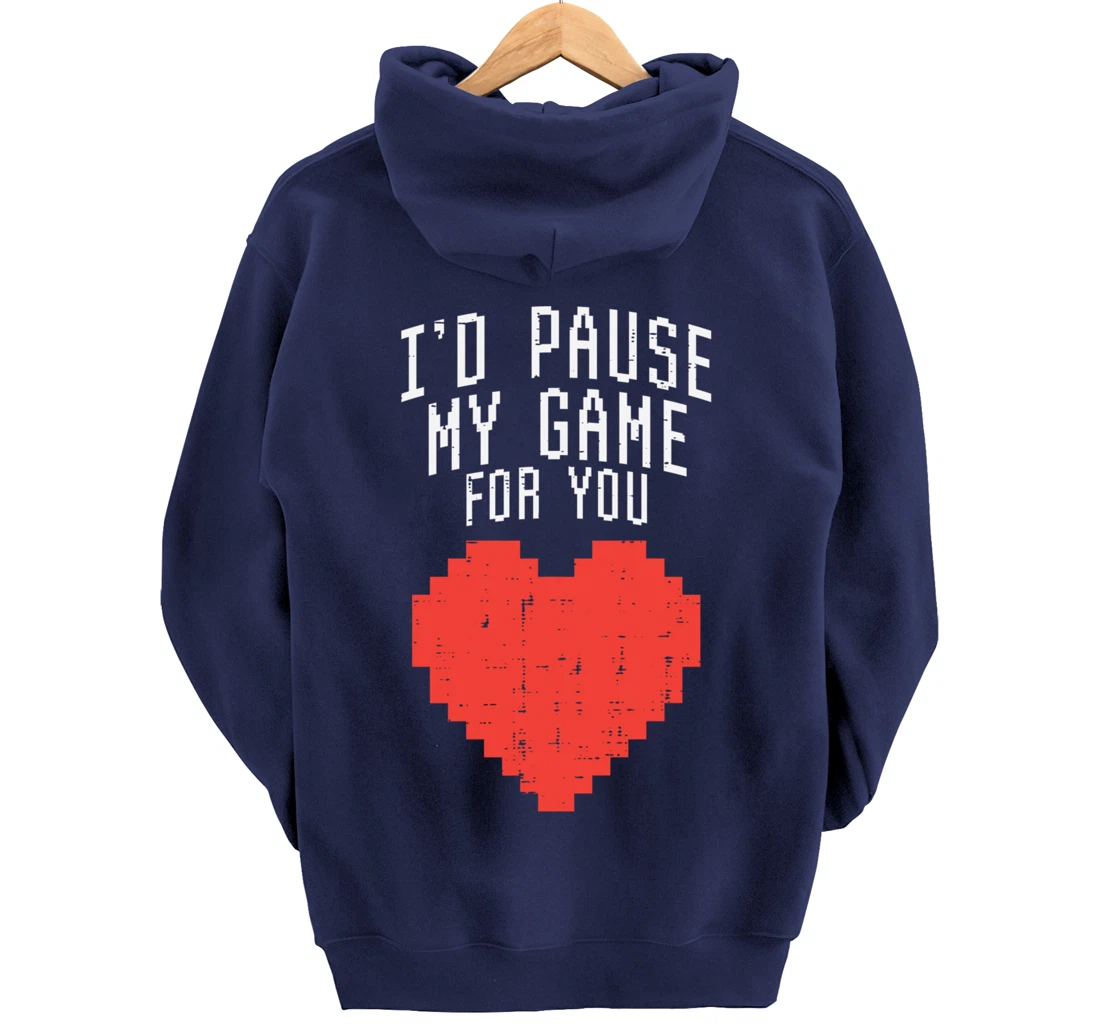 Id Pause My Game For You Pixel Heart Mens Valentines Day Boy Pullover Hoodie