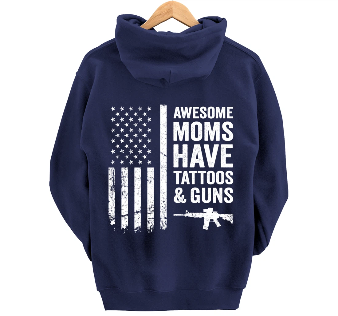 Awesome Moms Have Tattoos & Guns - Womens Tattoo USA Flag Pullover Hoodie