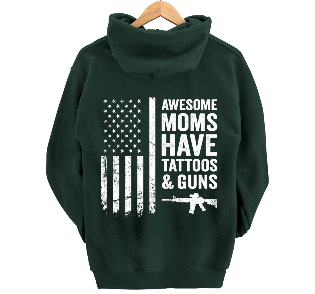 Awesome Moms Have Tattoos & Guns - Womens Tattoo USA Flag Pullover Hoodie