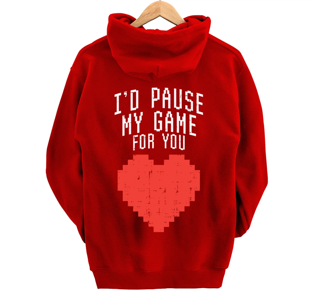 Id Pause My Game For You Pixel Heart Mens Valentines Day Boy Pullover Hoodie