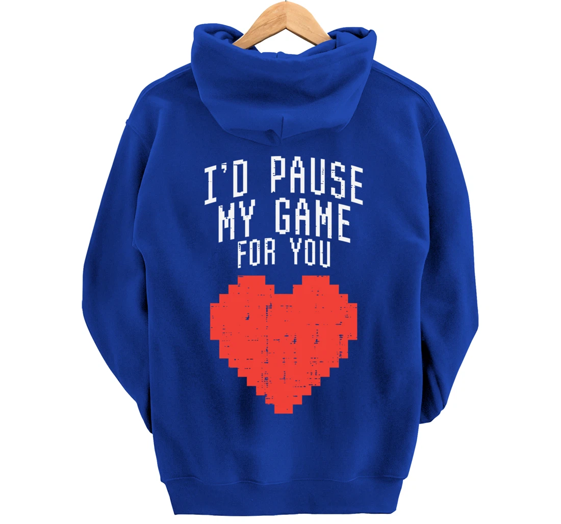 Id Pause My Game For You Pixel Heart Mens Valentines Day Boy Pullover Hoodie