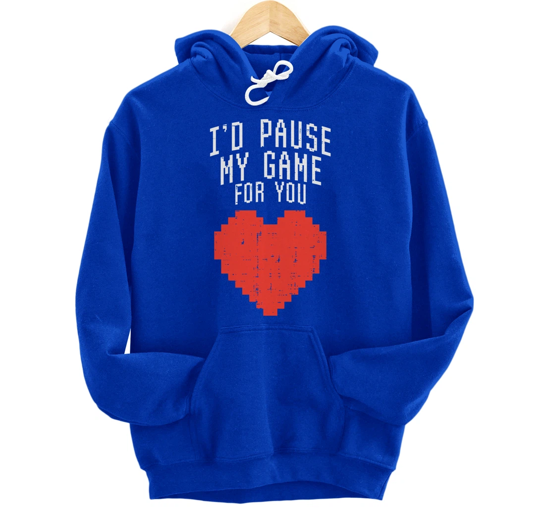Id Pause My Game For You Pixel Heart Mens Valentines Day Boy Pullover Hoodie