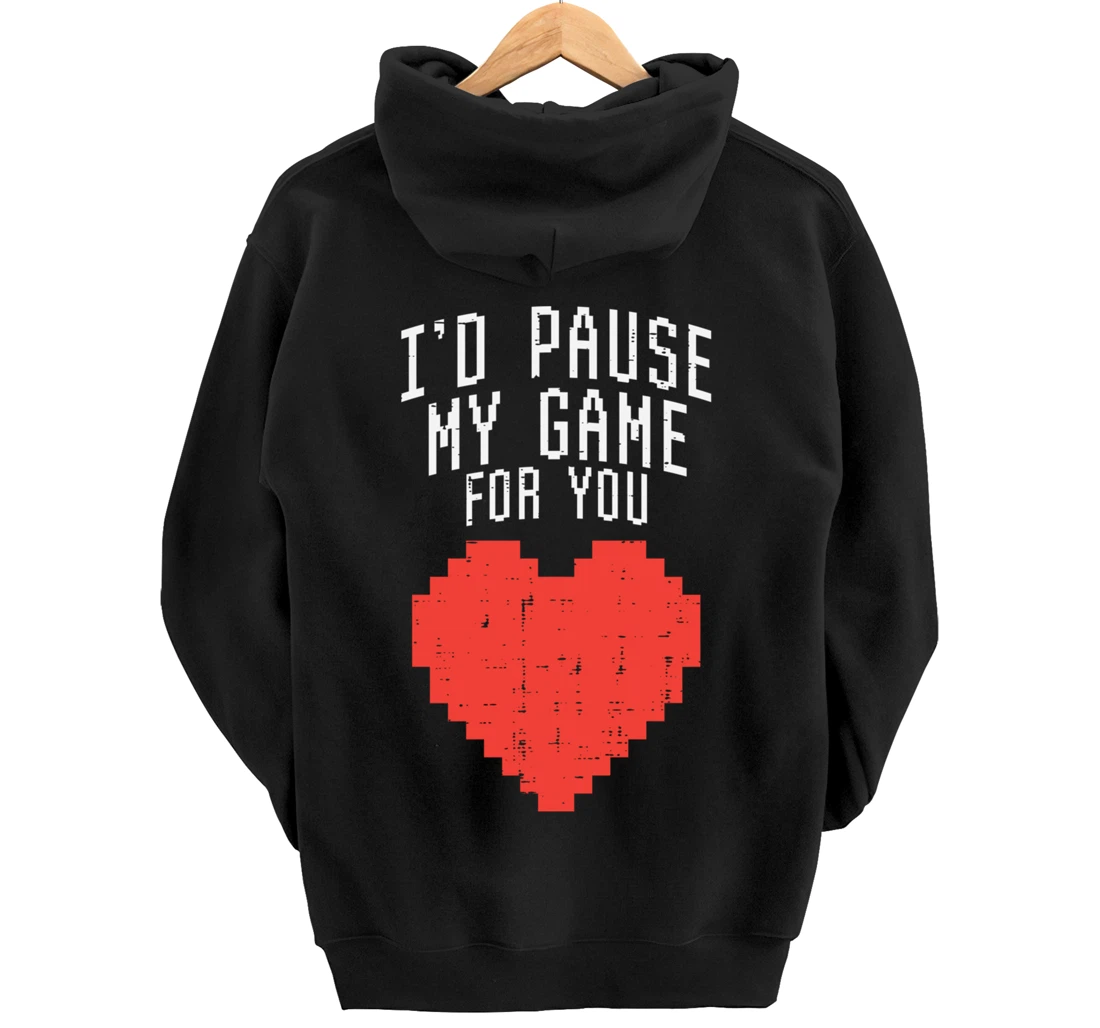 Id Pause My Game For You Pixel Heart Mens Valentines Day Boy Pullover Hoodie