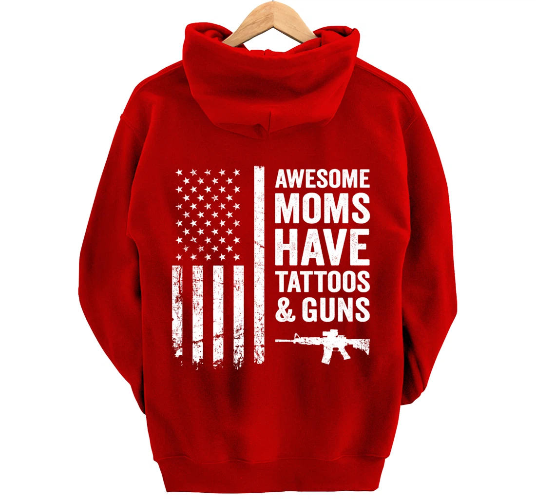 Awesome Moms Have Tattoos & Guns - Womens Tattoo USA Flag Pullover Hoodie